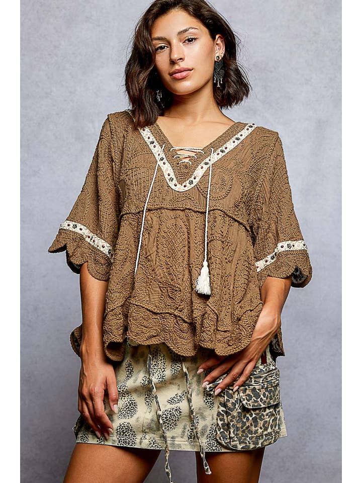 Pol Clothing - Wholesale Blouse - Women's - Short Sleeve Adjustable Drawstring Crochet V Neck Top11