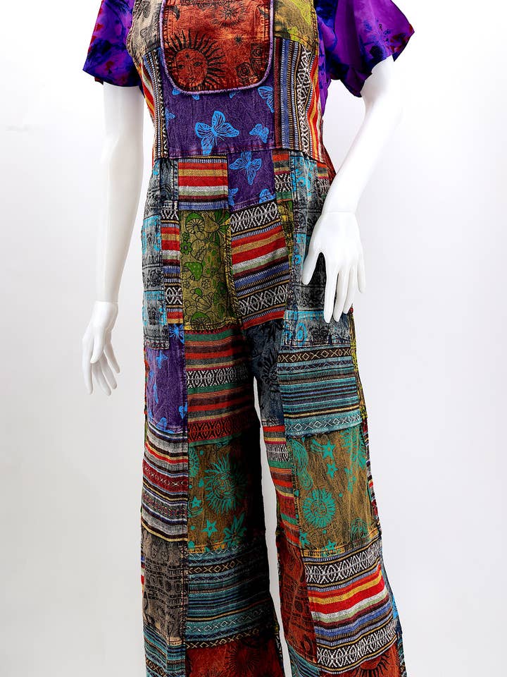 Cotton Hippie Handmade Gheri Patchwork Wide Leg Bohemian Overalls for wholesale by Himalaya Handmade
