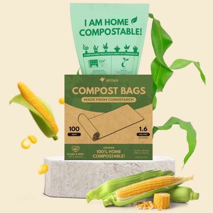 AIRNEX - Wholesale Trashcan/Trash Bin - Compostable Trash Bags 1.6 Gal - Box of 100 Compost Bin Bags