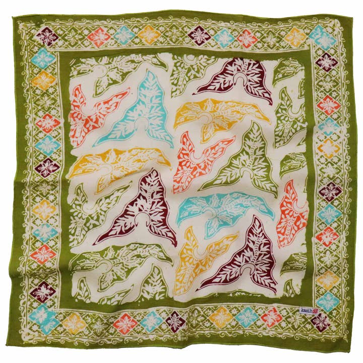 Kasih Co-op - Wholesale Bandana – Women's - Hand Dyed Batik Bandana Tropical Tapestry, Multi color, Taro Leaves, Green2