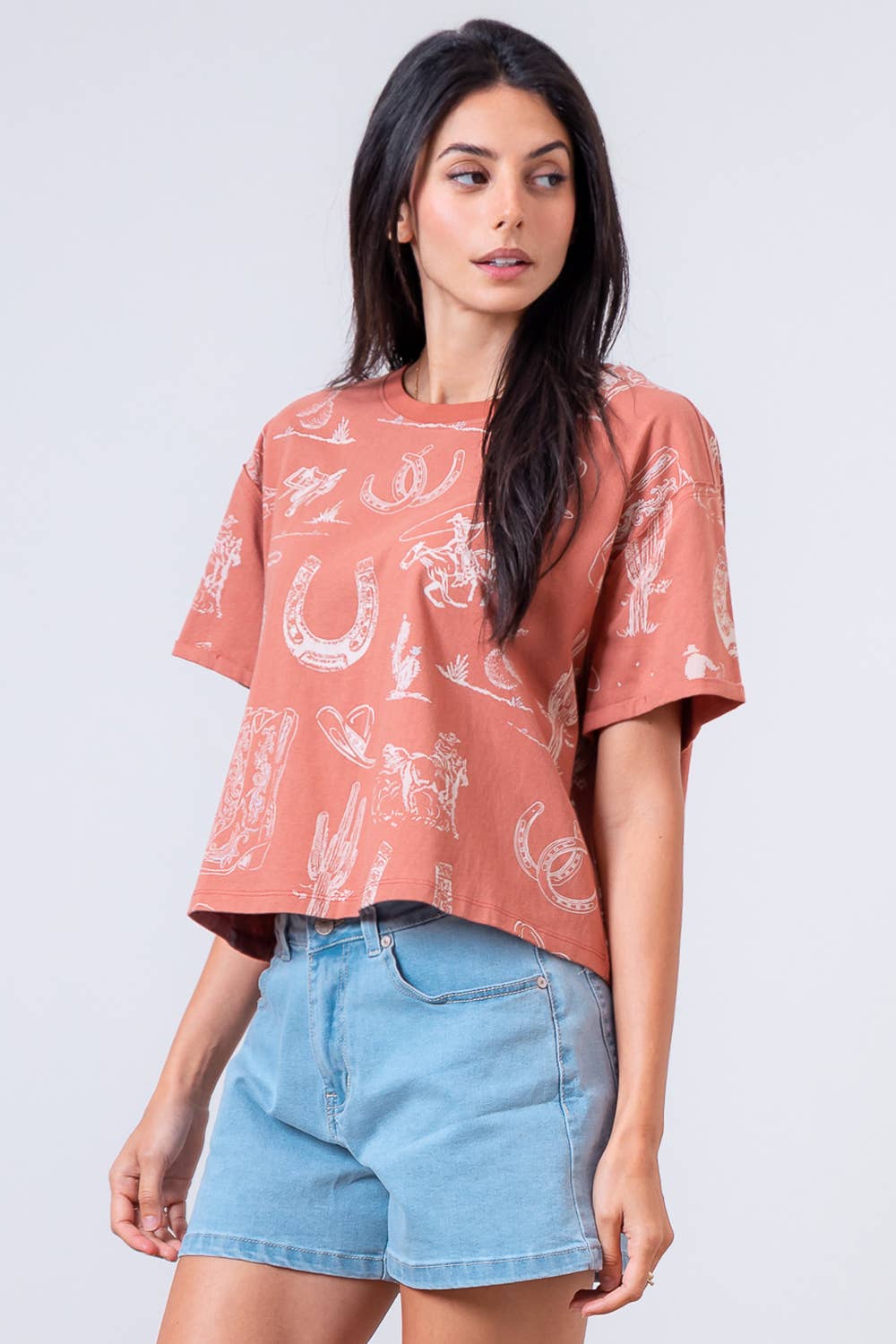 Taelynn - Wholesale T-Shirt - Women's - HT28781T-WESTERN PRINTED SHORT SLV ROUND NECK T-SHIRT12