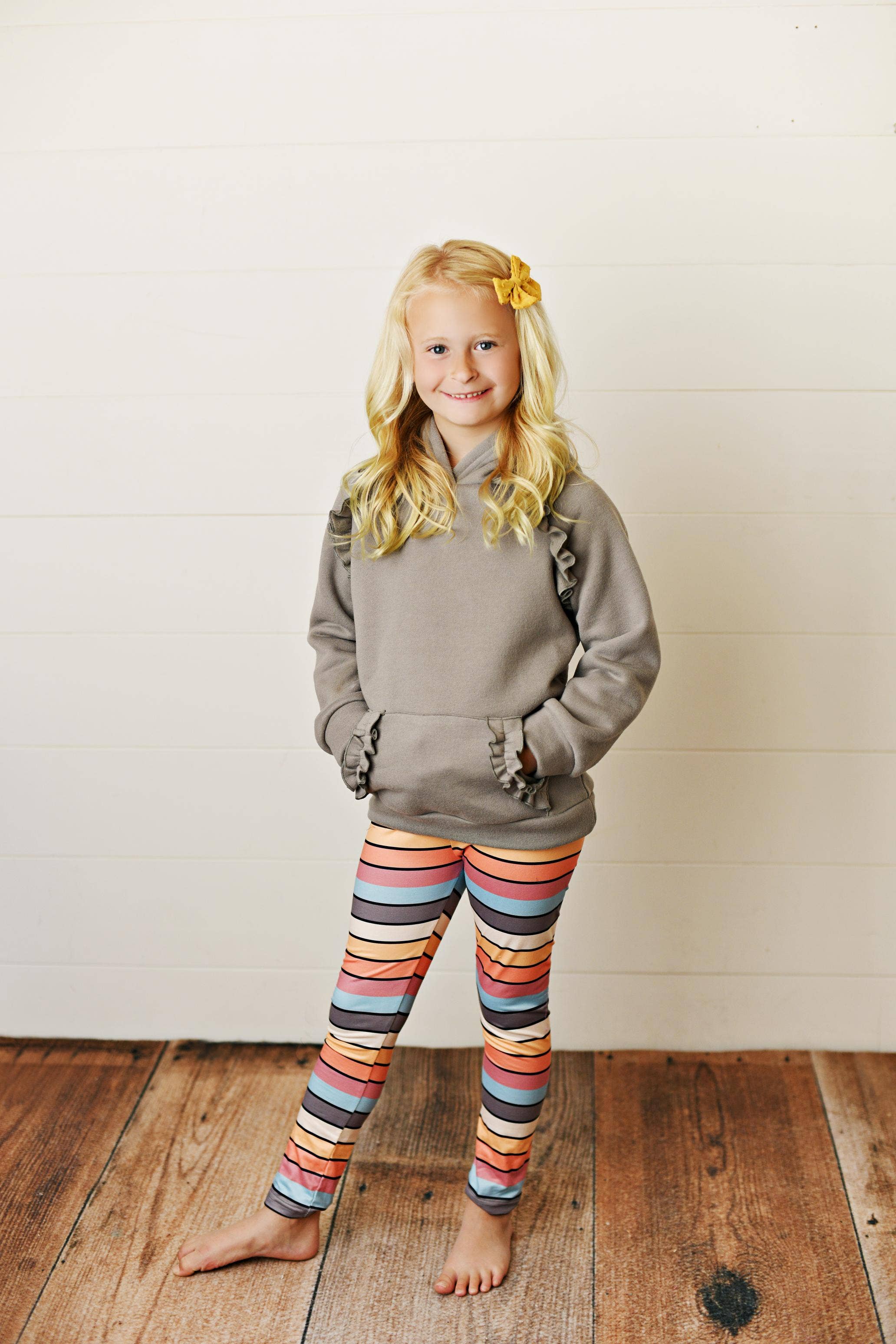 Adorable Sweetness - Wholesale Top & Leggings Set - Kids - Kids Gray Ruffle Hoodie and Rainbow Stripe Leggings Fall Set4