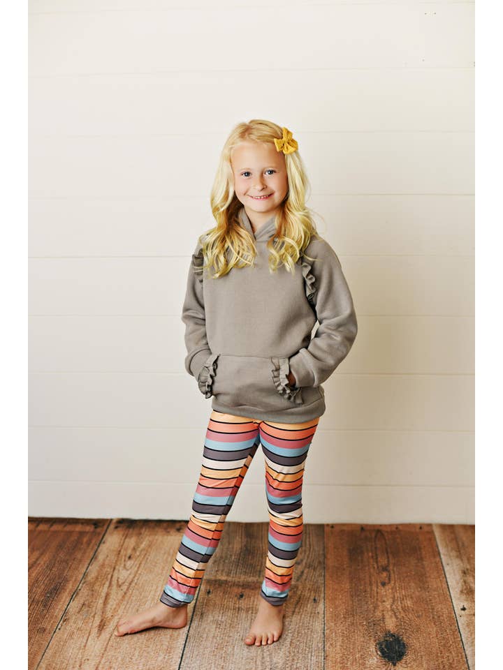 Adorable Sweetness - Wholesale Top & Leggings Set - Kids - Kids Gray Ruffle Hoodie and Rainbow Stripe Leggings Fall Set4