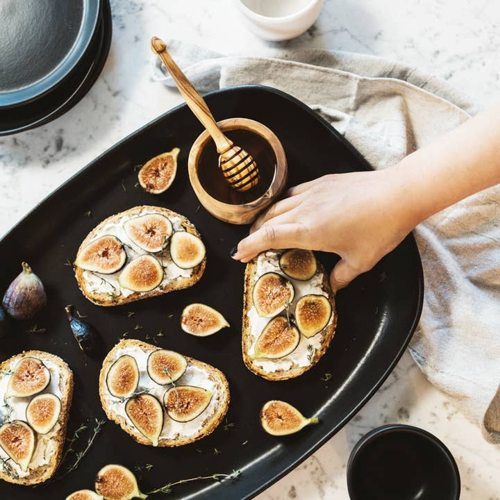 GHARYAN Stoneware & Olive Wood Tableware | USA - Wholesale Serving Plate - Handmade Stoneware Serving Platter - Long | Dadasi7