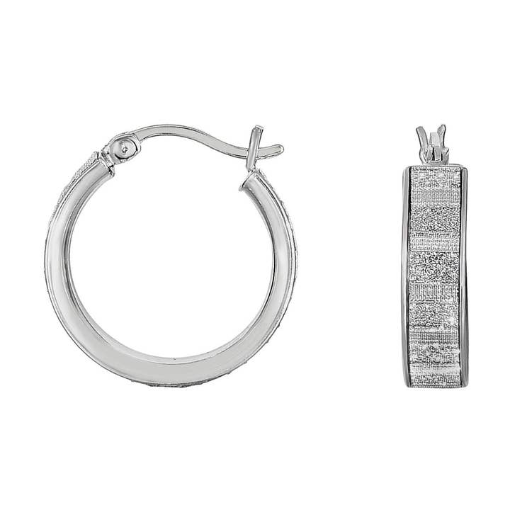 Silver with Rhodium Finish 4.9X16mm Shiny+Diamond Cut Sparkle Round Hoop Earring with Hinge Clasp for wholesale by The Diamond Deal
