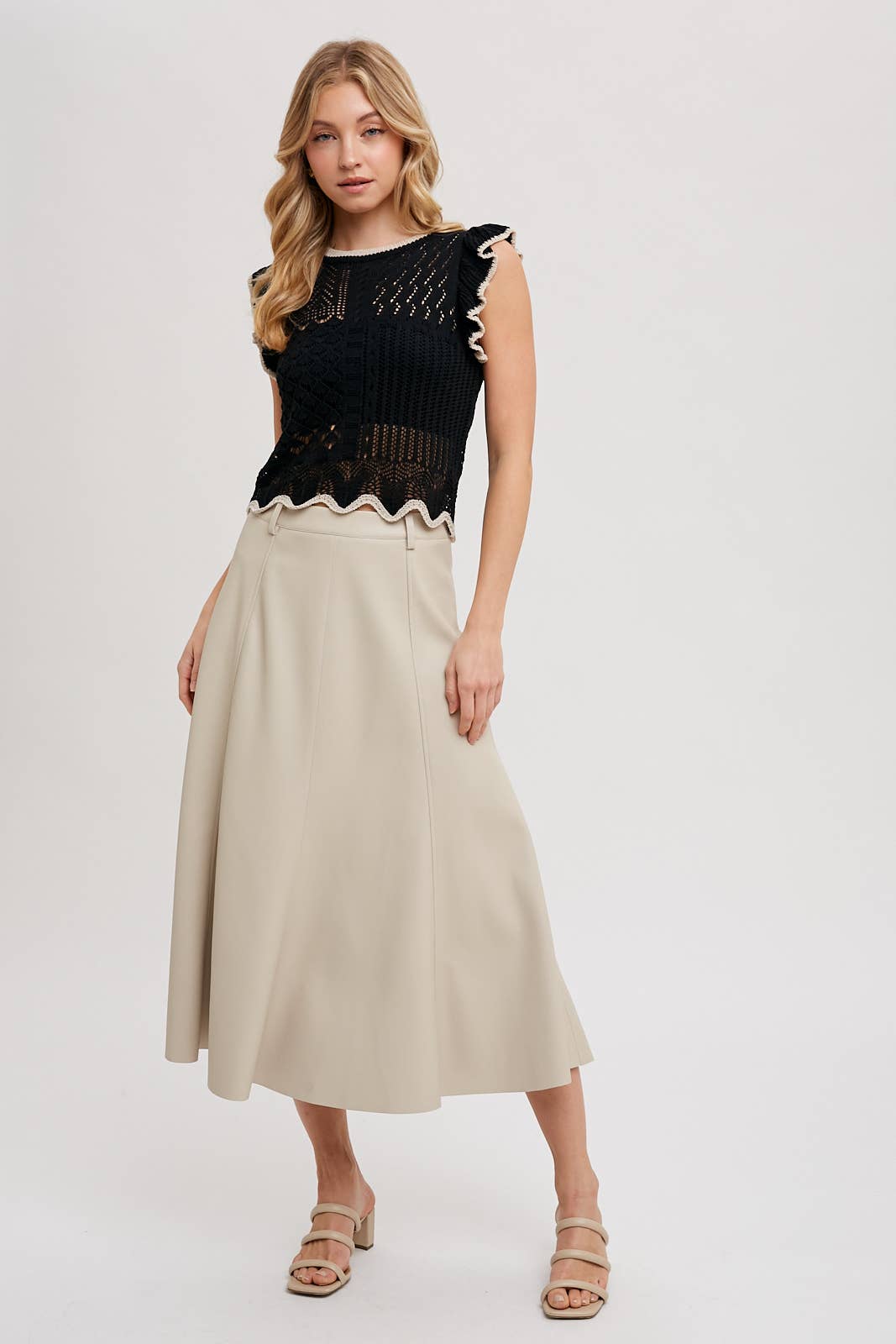 Bluivy - Wholesale Skirt - Women's - FAUX LEATHER FLARE MIDI SKIRT8