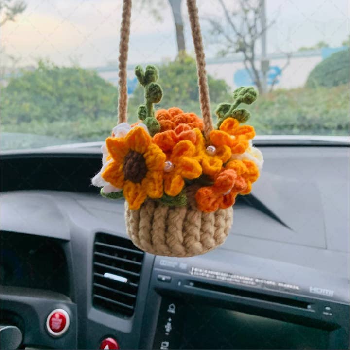 TOMOPOD LLC - Wholesale Car Decorative Charm - Women's - Cute Crochet Flower Basket Car Mirror Hanging Ornament Decor4