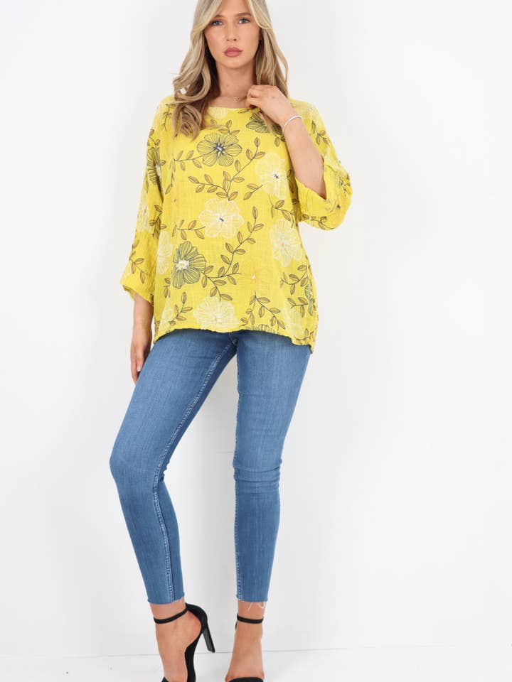 Italienisches Baumwolltop mit Blattmuster und Blumendruck für den Großhandel von Miss Bold