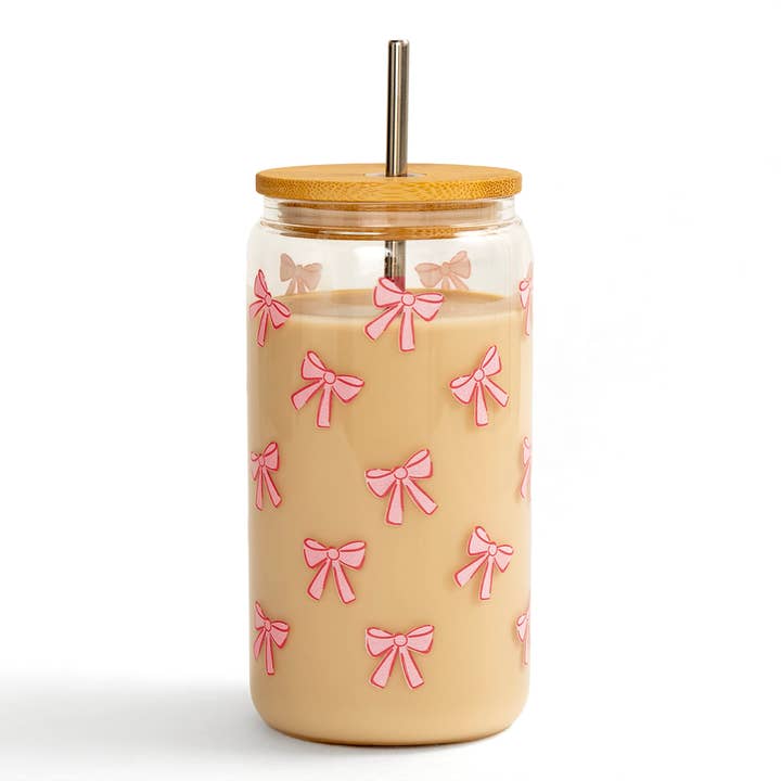 Pippi Post - Wholesale Drinking Glass/Cup - Pink Coquette Bows Glass Can