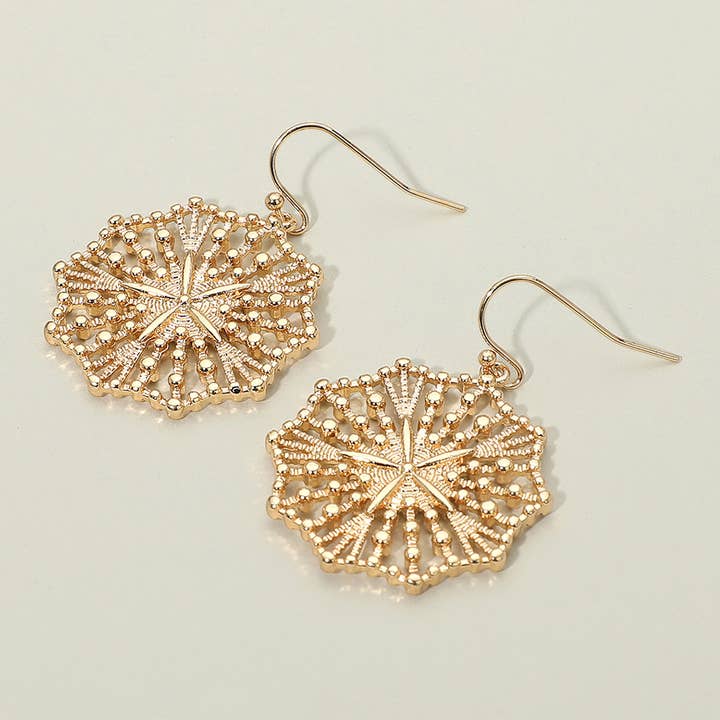 Geometric Metal Filigree Medal Dangle Earrings for wholesale by Sensibling Corp.