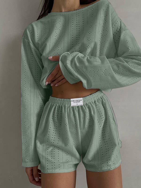 Rosa Clothing - Wholesale Lounge Set - Women's - Eyelet basic long sleeve overfit loose tee lounge shorts set3