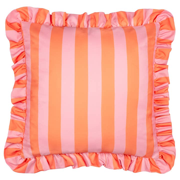 Coussin d'extérieur à volants Palm Royale Stripe Rose/Orange pour la vente par Riva Home