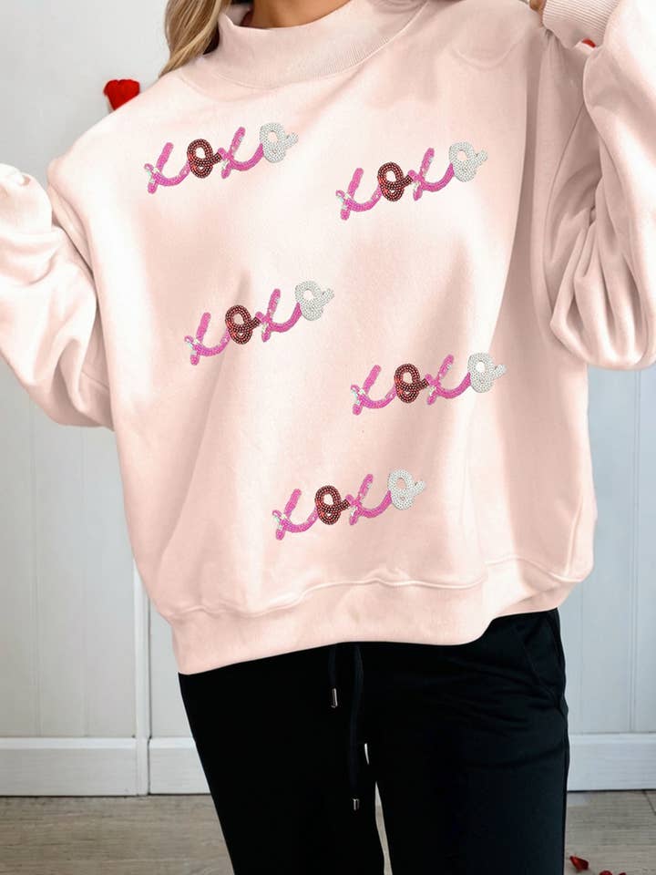 LAS Sequin xoxo Patched Mock Neck Oversize Sweatshirt (S-XL) for wholesale by LA Society