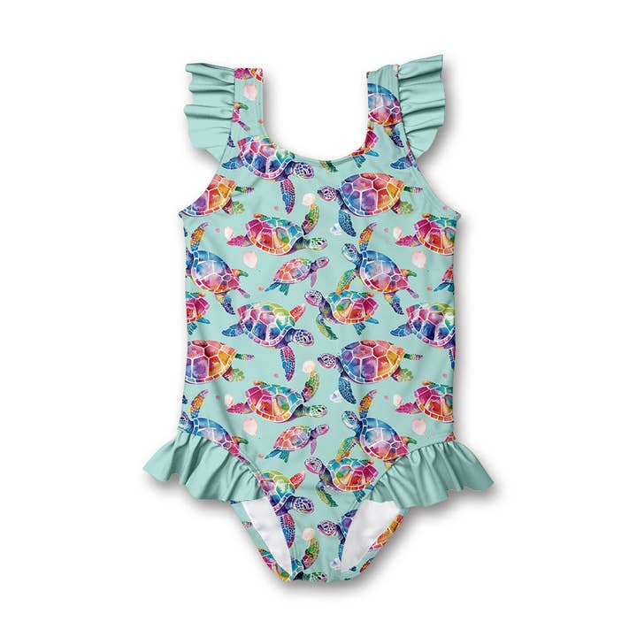 Kids Mint Tie Dye Turtles Ruffle-Accent One-Piece for wholesale by Millie Loves Lily