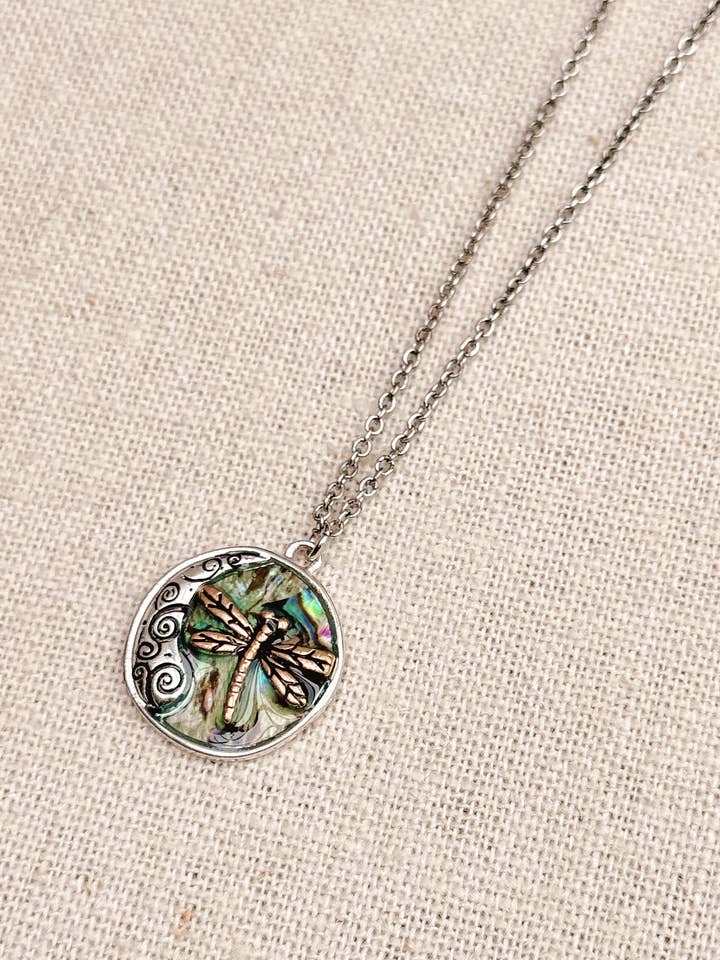 Dragonfly Abalone Charm Talisman Medallion Necklace for wholesale by Gracie Rose Designs