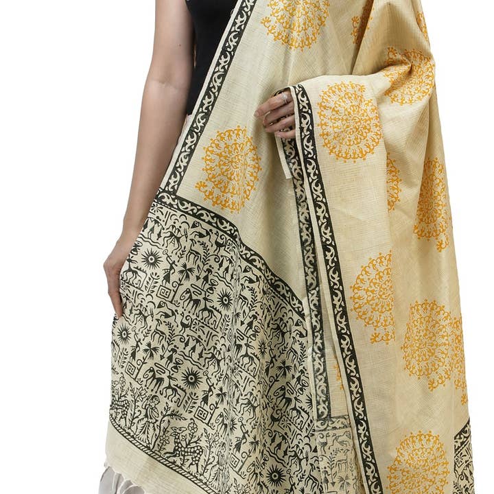 Exotic India Art - Wholesale Scarf - Women's - Whitecap-Grey Cotton Hand Block Barley Block Print Dupatta