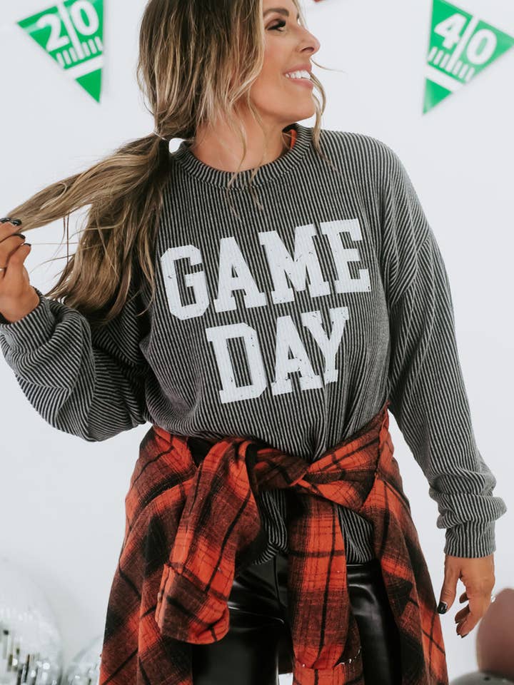 Dark Grey Corded GAME DAY Graphic Long Sleeve Crewneck Top for wholesale on Faire9