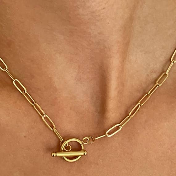 HoopLa - Wholesale Link & Chain Necklace -  Oval PaperclipToggle Necklace- Steel 14K Waterproof 18"2