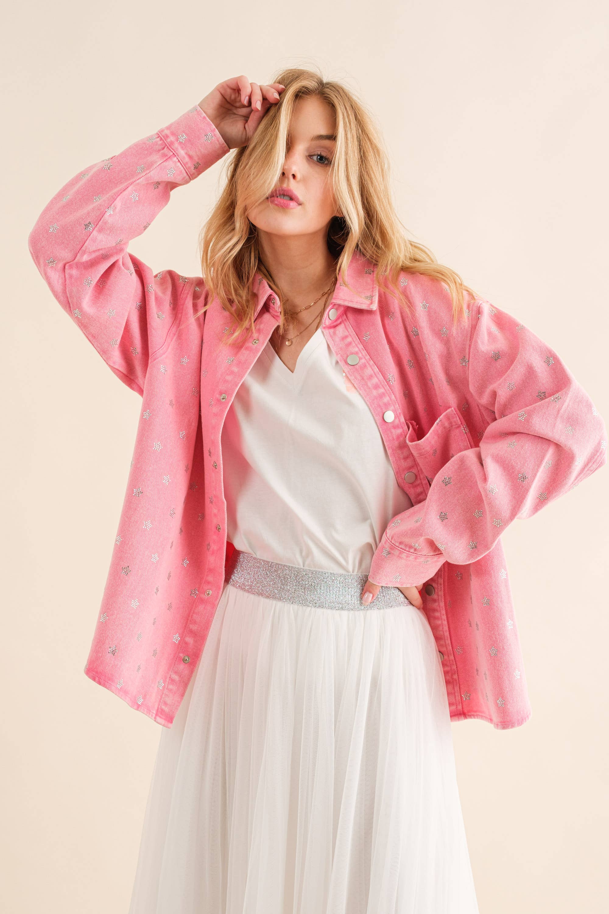 Blue B - Vente Veste en jean – femme - 22591J - Veste en jean surdimensionnée à boutons-pression Micro Star1