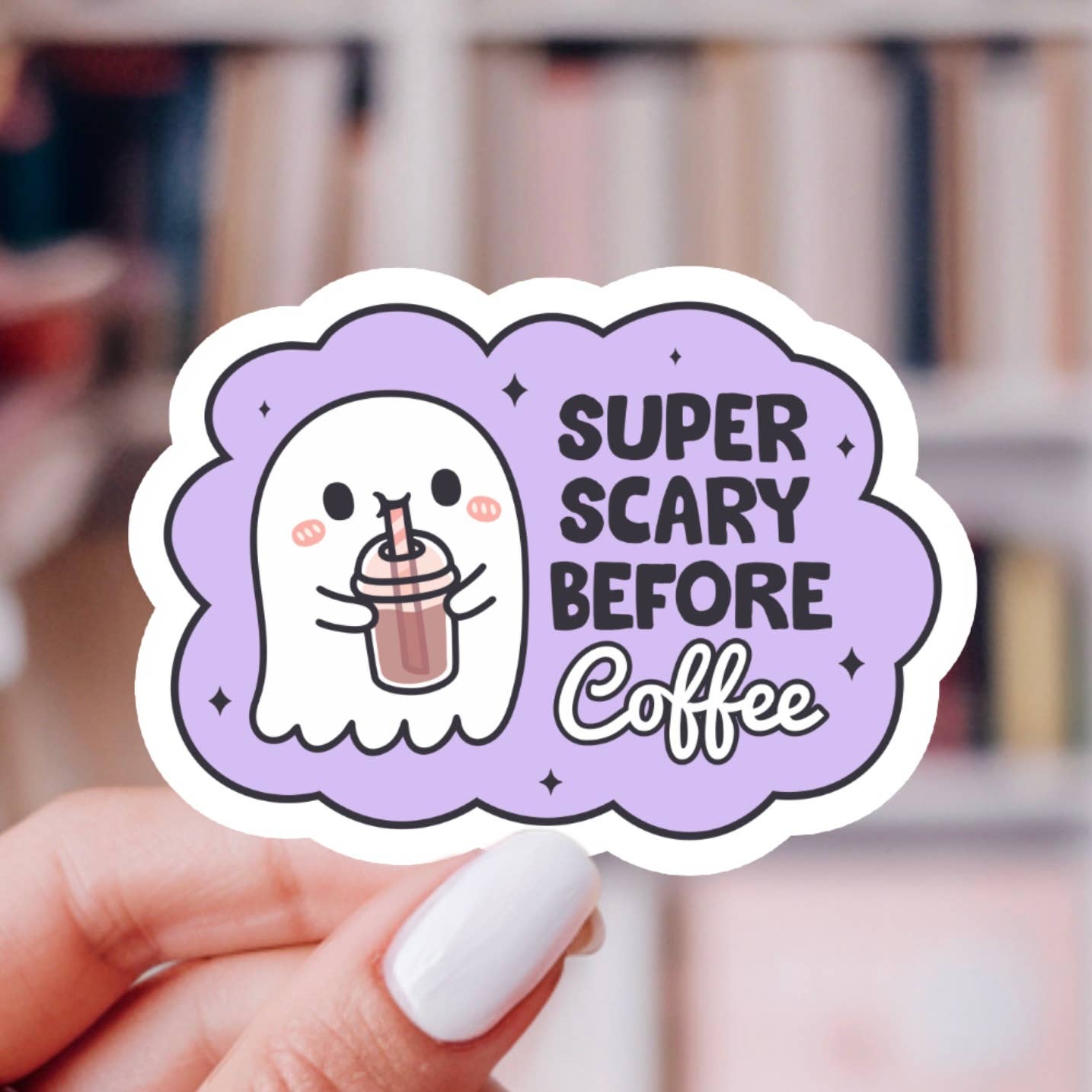 Indie Heart Studio - Wholesale Sticker - Scary Before Coffee Sticker – Cute Ghost, Glossy Vinyl