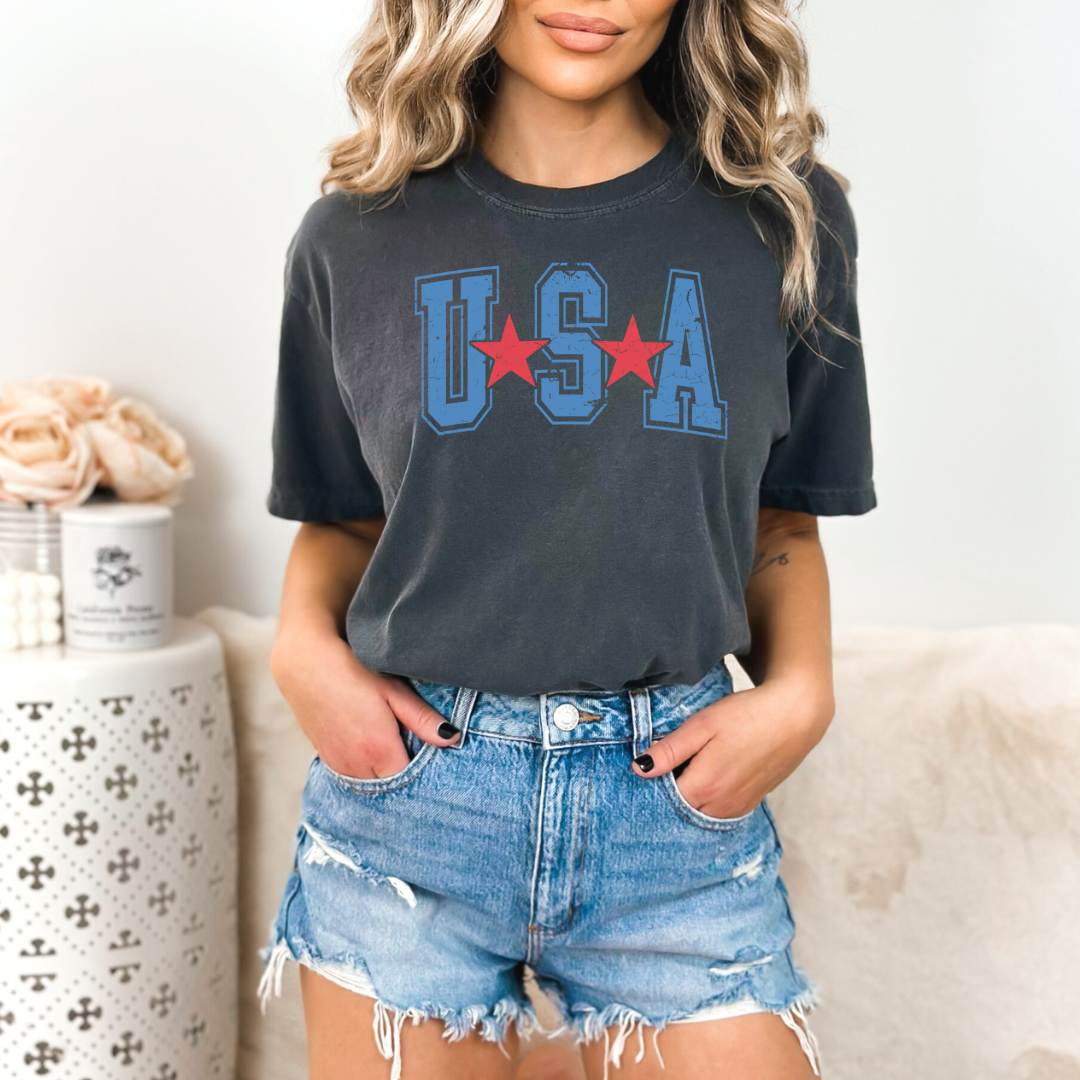 Wholehearted Motherhood and Co. - Venta al por mayor Camiseta serigrafiada - Mujer - Camiseta del 4 de julio de EE. UU. - Camiseta gráfica americana occidental de verano1