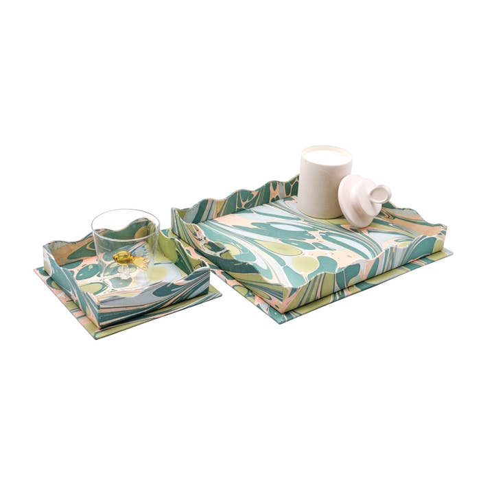 Inner Child - Wholesale Decorative Tray - Nesting Scalloped Hand-Marbled Trays in Green and Pink