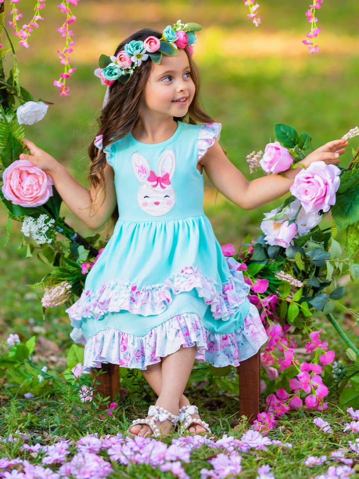 Floral Bunny Tiered Ruffle Dress for wholesale by Mia Belle Girls • Wholesale