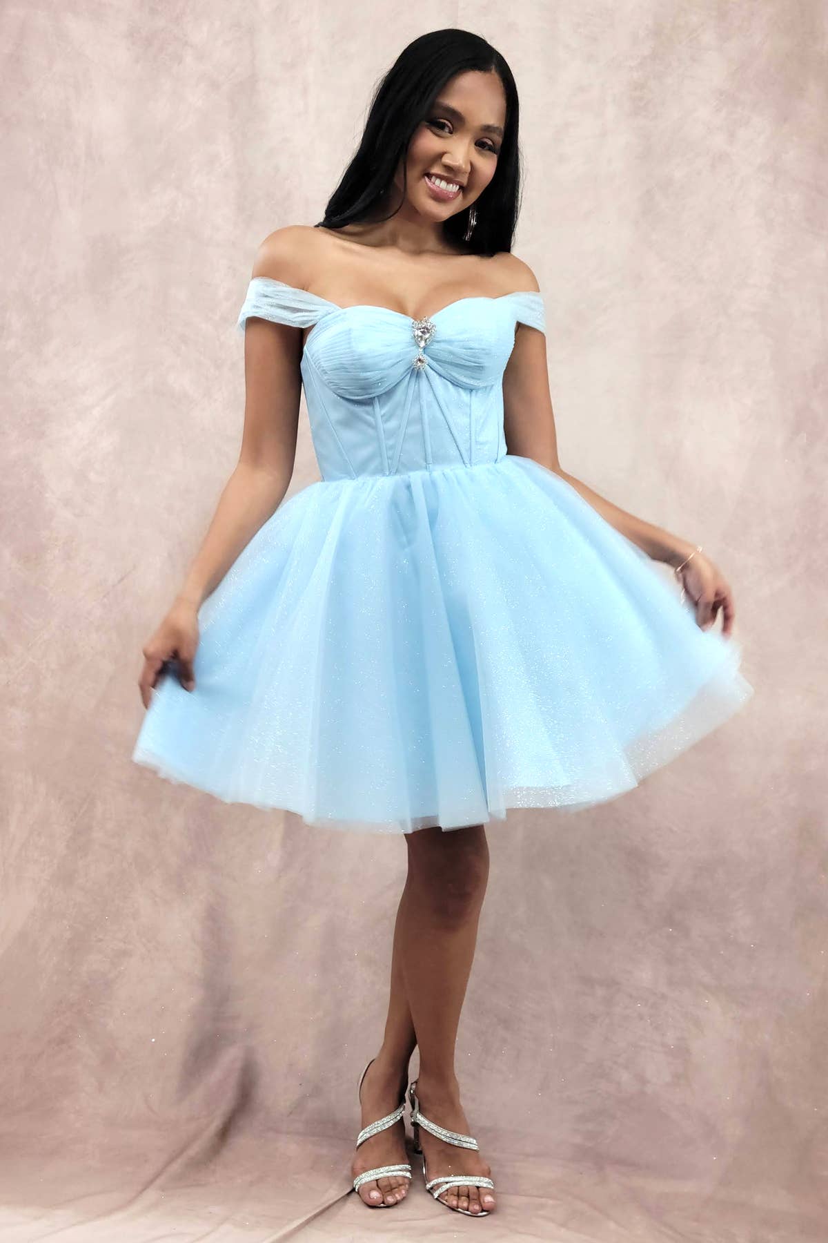 Chicas - Wholesale Dress - Women's - Short Off The Shoulder Tulle Dress With Brooch35