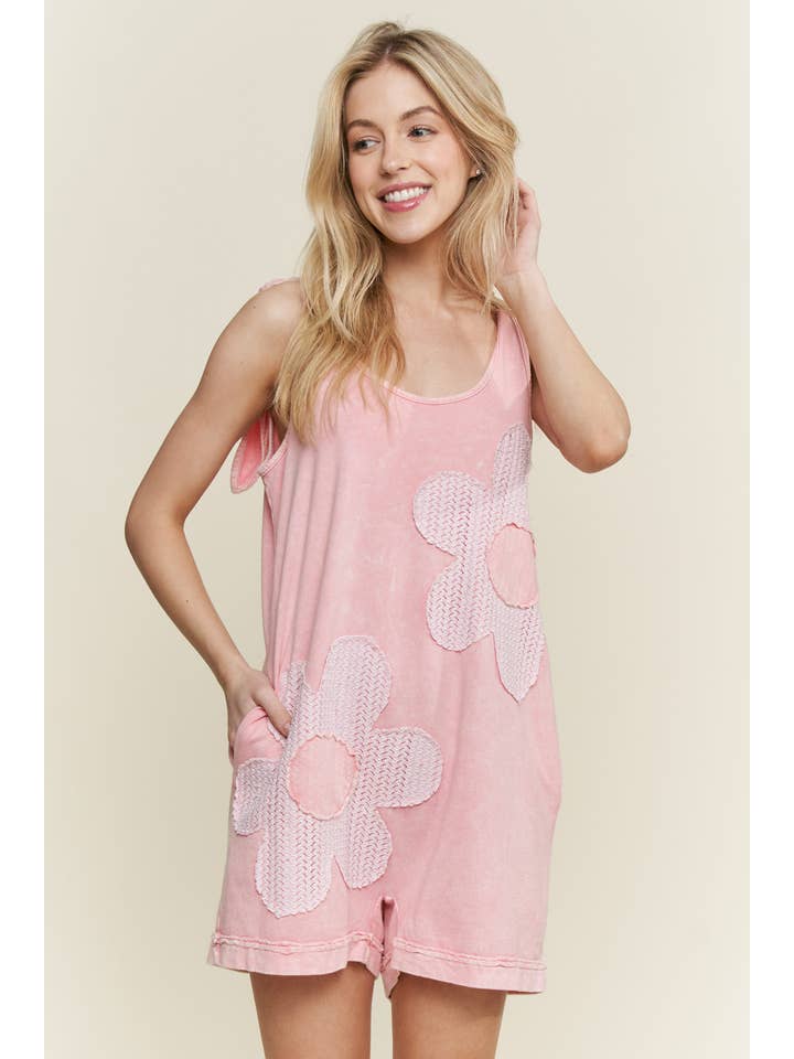 J.Her - Wholesale Romper - Women's - Mineral Washed Lace Petal Flower Patched romper HR6349