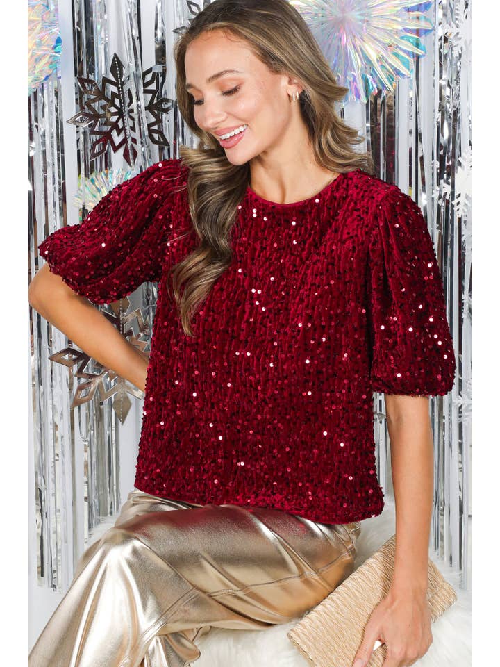 Vine & Love - Wholesale Blouse - Women's - Velvet Sequin Accent Round Neck Puff Sleeve Blouse VT8195528