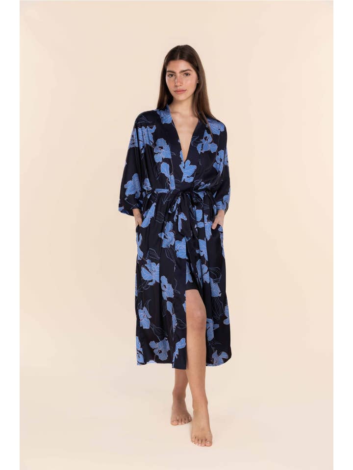 Recycled Silky Satin Long Robe - Daisy Navy Floral Print for wholesale on Faire