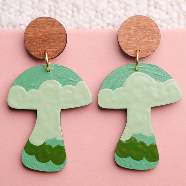 Sage Clouds Mushroom Earrings for wholesale by Mushroom Menagerie
