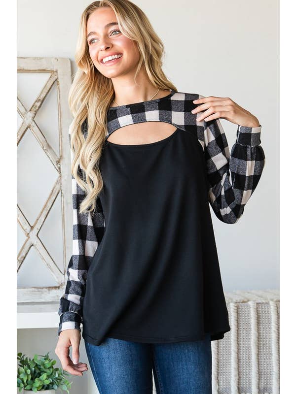 HEIMISH – wholesale Tunic – Women’s – ET6963-10 SOLID AND PLAID PEEKABOO FRONT TOP2