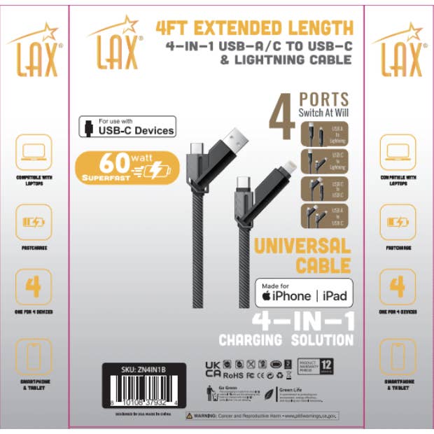 LAX Gadgets - Wholesale Charging cable - Braided Zinc Alloy 4-in-1 Cable - 4ft - Black1