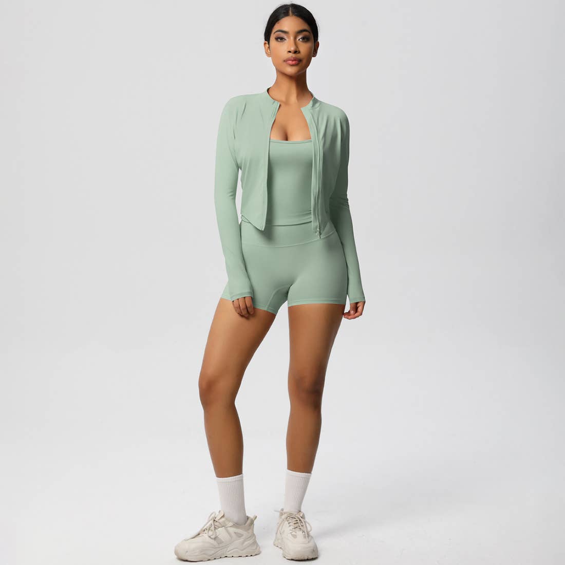 Sodalemon – Conjunto de desporto – Mulher por atacado – Conjunto feminino de yoga justo: top esportivo com interior escovado, jaqueta com zíper e shorts12