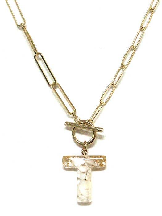 MiMi Wholesale - Wholesale Pendant/Charm Necklace - KN8165 Assorted 16 Piece Gold Acrylic Initial Toggle Chain Necklace Pack16