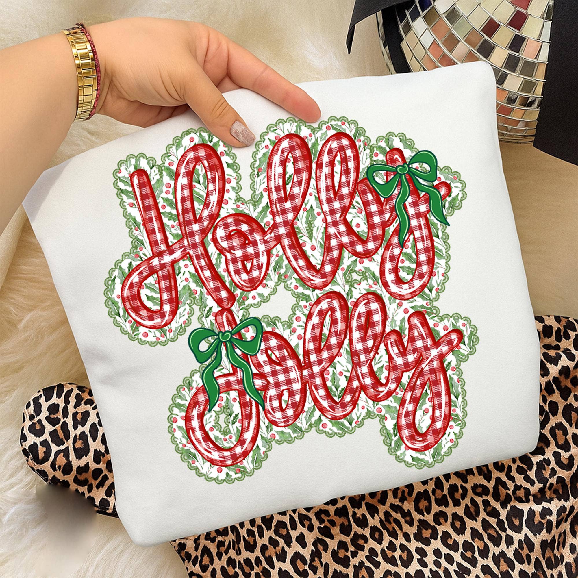 Glaime - Wholesale T-Shirt (Graphic) - Women's - Comfort Colors Preppy holly jolly Shirt, Lace Christmas Tee3