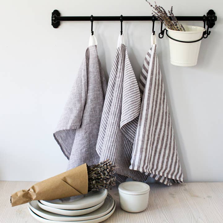 My Kitchen Linens - Wholesale Tea Towel - Brown Striped Linen Cotton Tea Towel - Set of 3