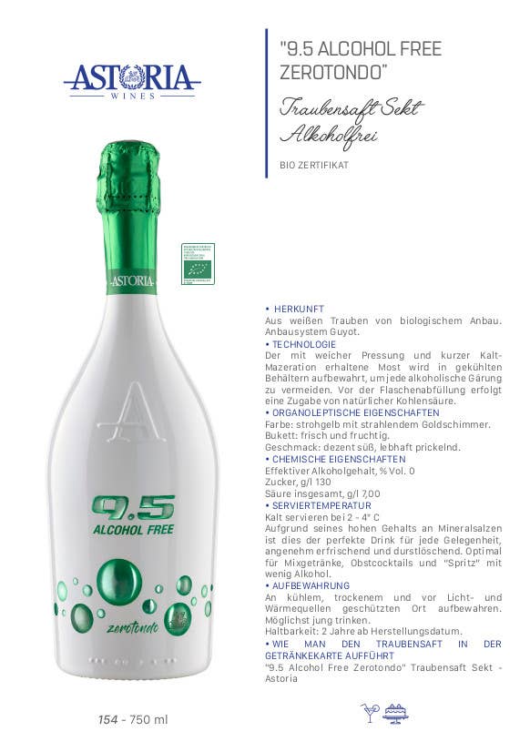 Metina SAS – Bebidas espirituosas/vinho/cerveja não alcoólicas por atacado – Vinho Espumante Sem Álcool 9.5 Cold Wine ZEROTONDO Astoria 75 cl3