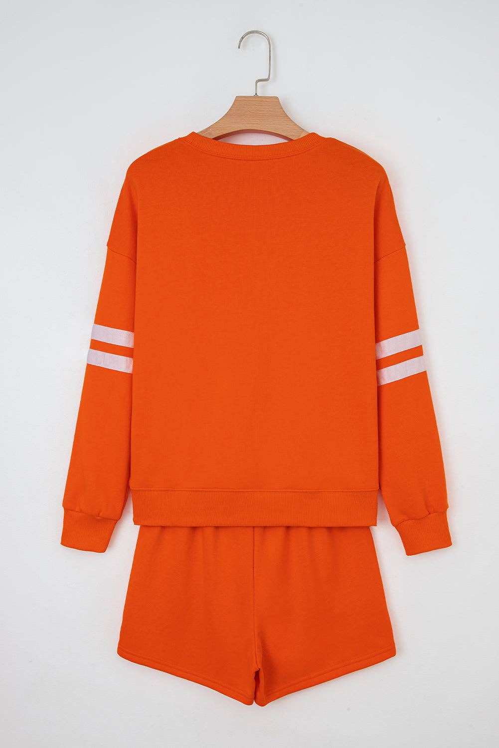 Orange Varsity Striped Sleeve Drop Shoulder Sweatshirt and Short Set for wholesale on Faire1