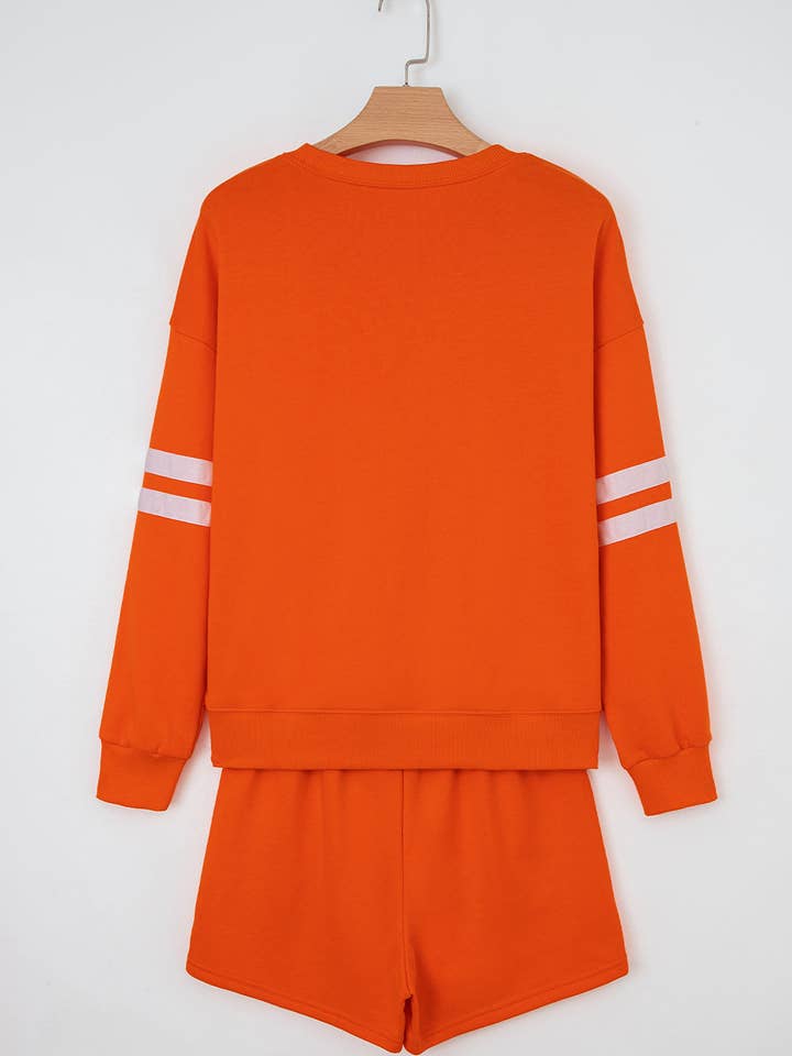 Orange Varsity Striped Sleeve Drop Shoulder Sweatshirt and Short Set for wholesale on Faire1