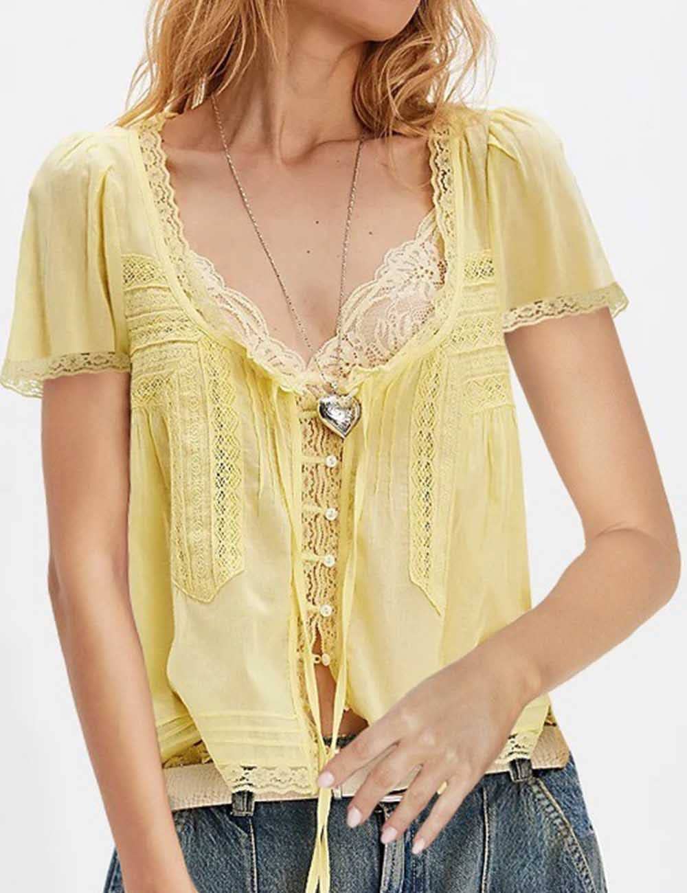 Sweetkama - Wholesale Blouse - Women's - Ladies Solid Color Square Neck Lace Front Tie Top2