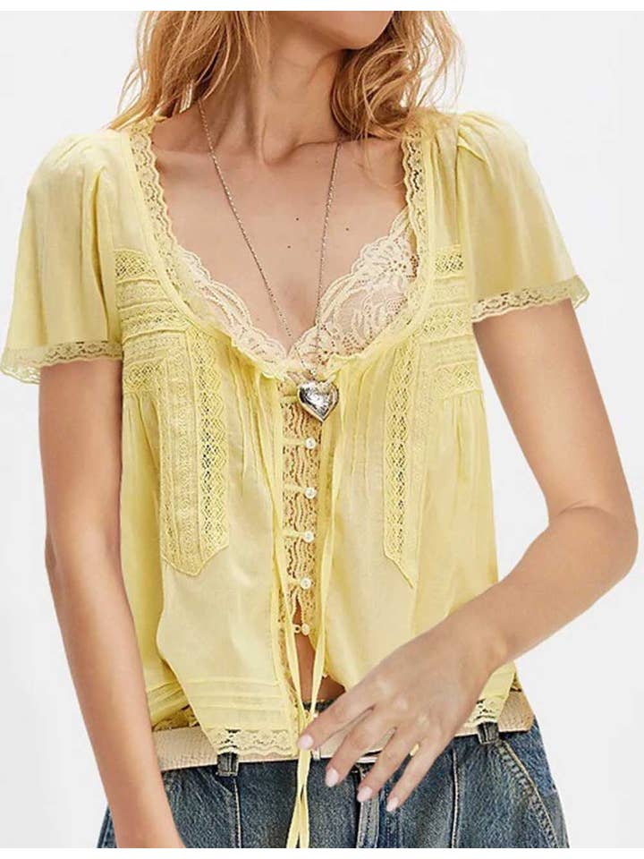 Sweetkama - Wholesale Blouse – Women’s - Ladies Solid Color Square Neck Lace Front Tie Top2