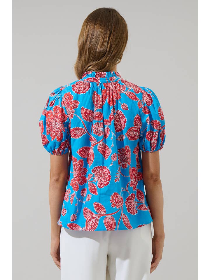 BLUE RED MULTI Ripon Floral Close to You Split Neck Top for wholesale on Faire
