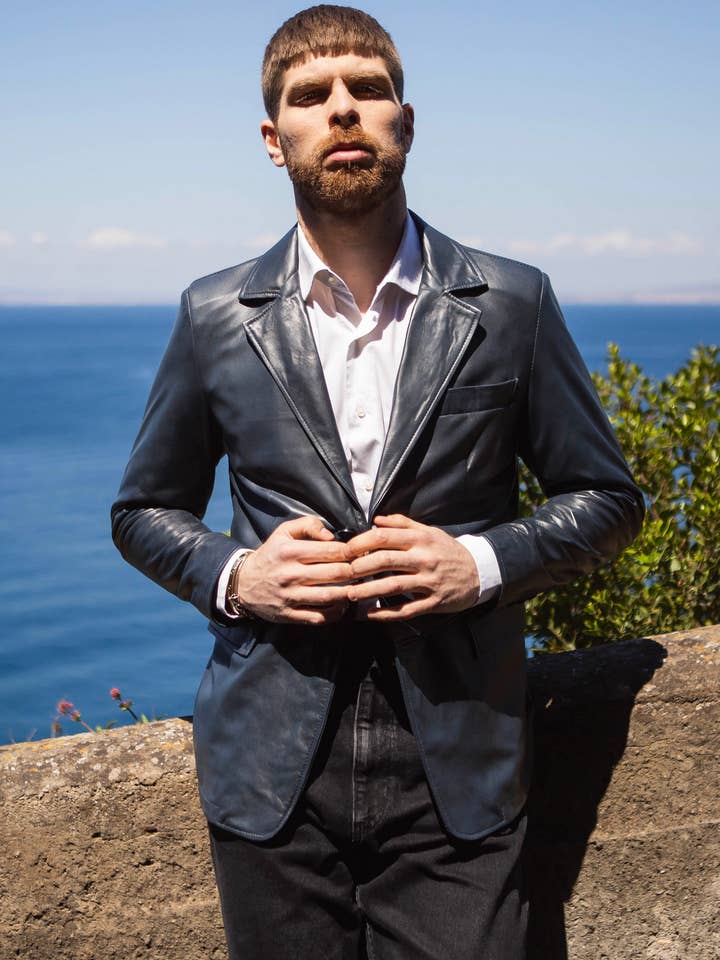 Classic - Chaqueta de cuero auténtico azul para hombre para venta al por mayor de Michelangelo srls