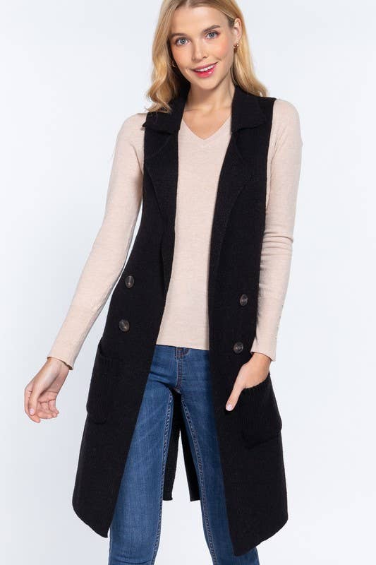 Active Basic | Active USA - Wholesale Outerwear Vest - Women's - Sleeveless Notched Collar Long Sweater Vest20
