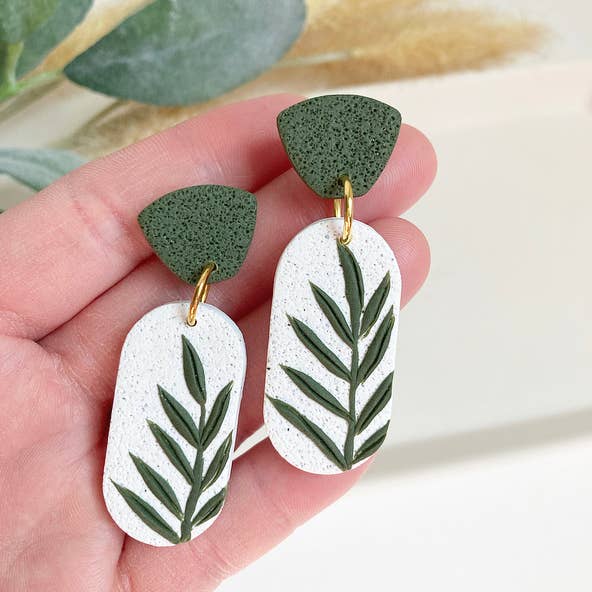 Green Palm Clay Earrings for wholesale by My Cotton Blossom Belle