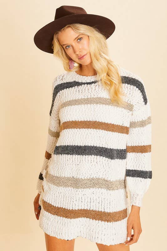 Vanilla Monkey - Wholesale Tunic Sweater - Women's - Multi Striped Long Length Pop Corn Sweater1