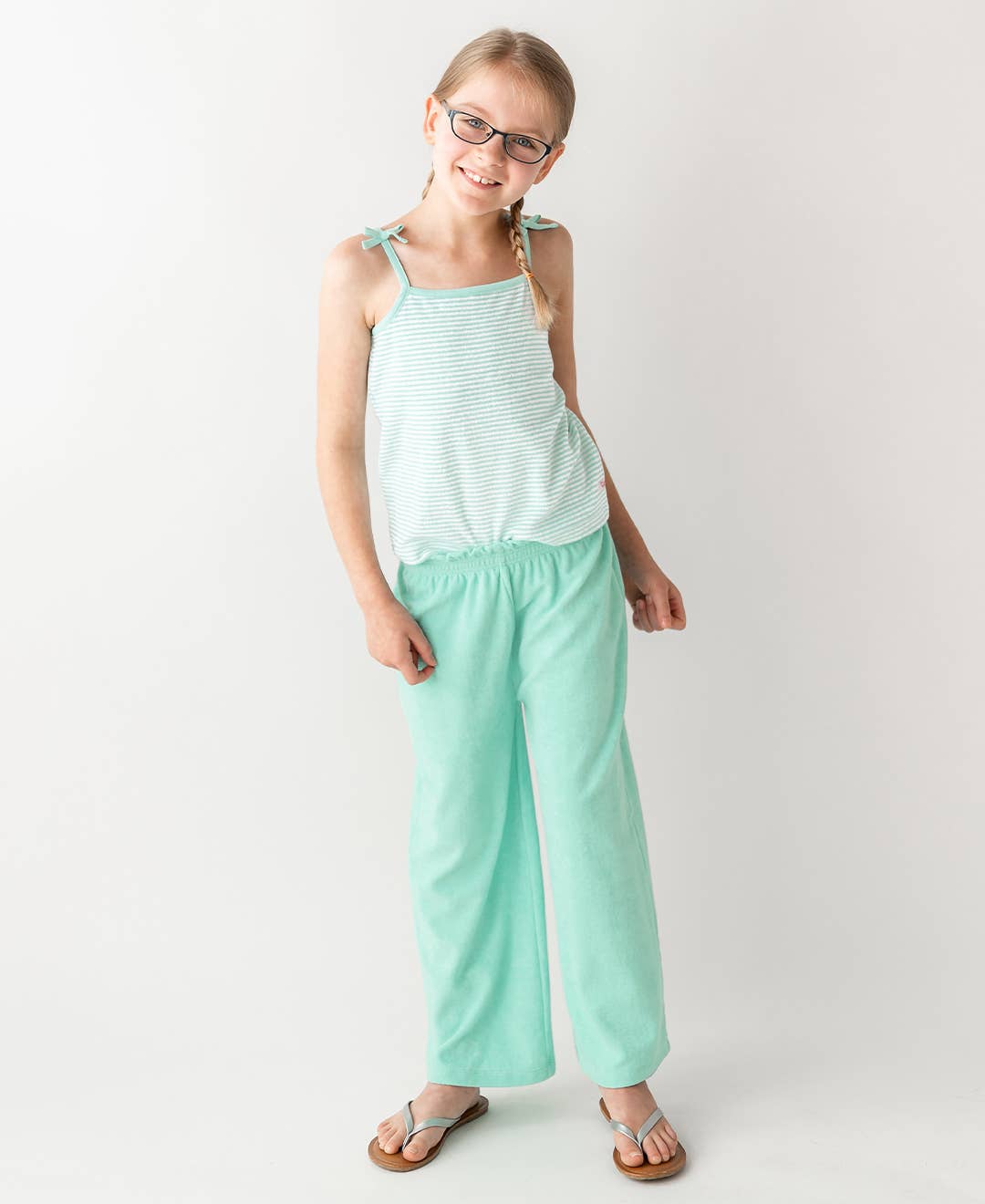 Blue Girls Vintage Aqua Terry Knit Wide Leg Pants for wholesale on Faire2