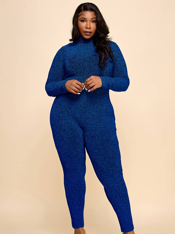 Namatt Design - Wholesale Jumpsuit - Women's - Plus Glitter Mock Neck Zipper Back Closure Catsuit2